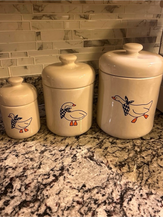 Other - Cream Ceramic Goose Canister Set with Blue Accent